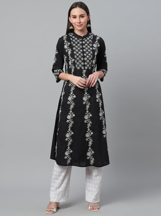 Black & White Chikankari Embroidered A-Line Kurta