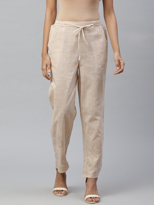 Beige Tapered Chikankari Embroidered Trousers
