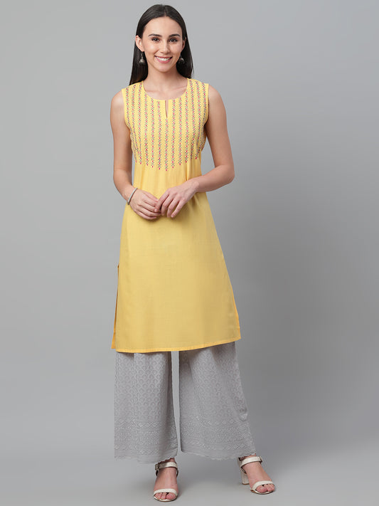 092 Yellow Pintucks Embroidered Kurta