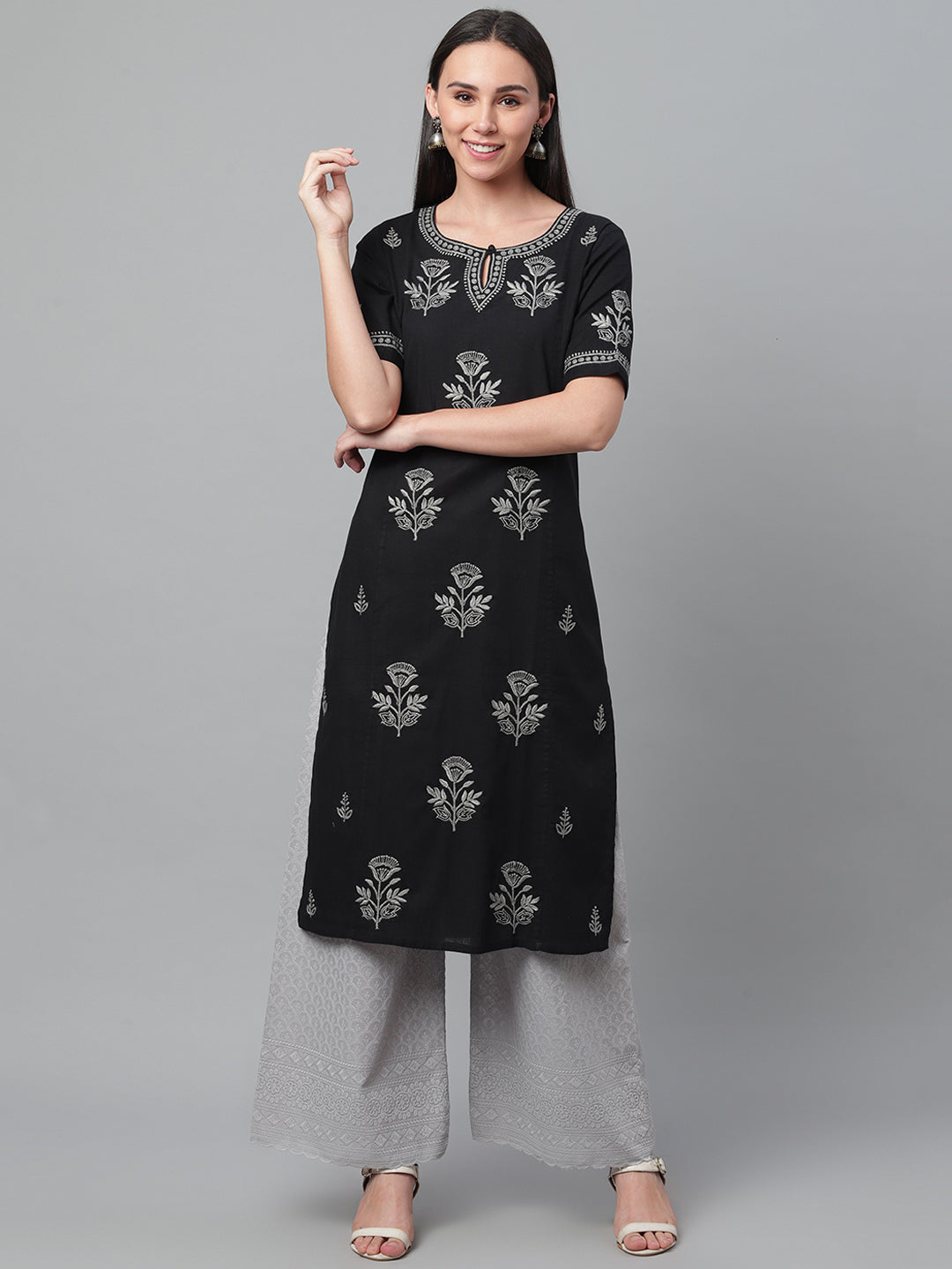 Black & Grey Chikankari Cotton Straight Kurta