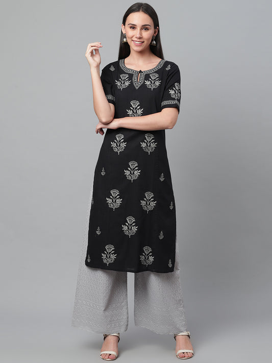Black & Grey Chikankari Cotton Straight Kurta