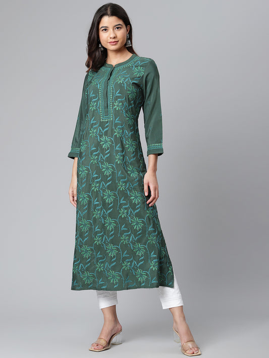 Bottle Green Embroidered Poly Silk Kurta