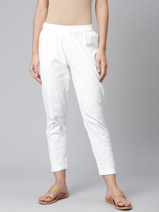 White Chikankari Stretchable Pants