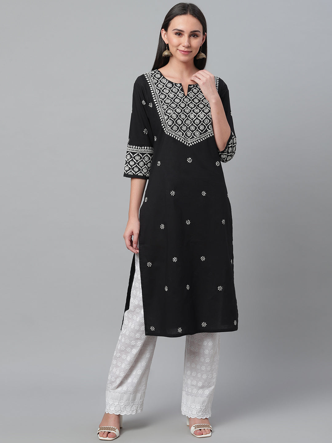 Black & White Embroidered Straight Kurta