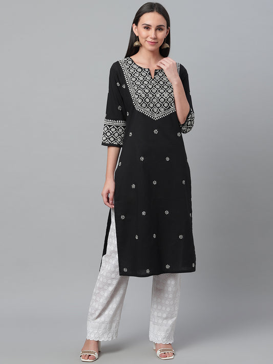 Black & White Embroidered Straight Kurta