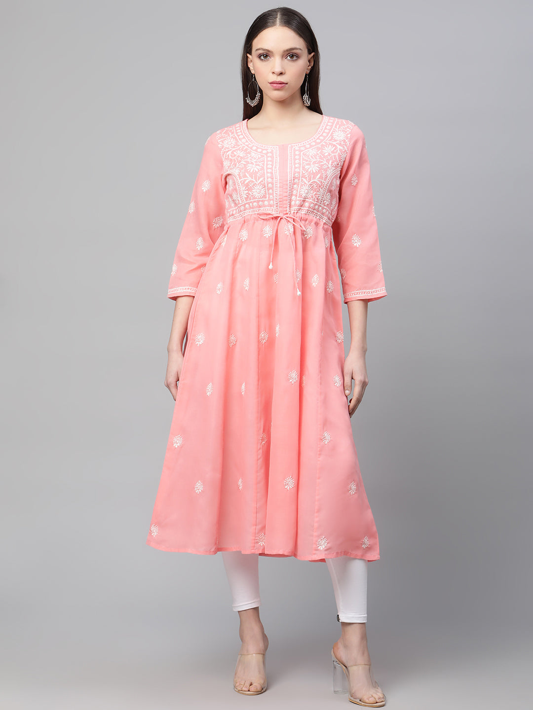 Pink Chikankari Flared Kurta with Waist Tie-Ups
