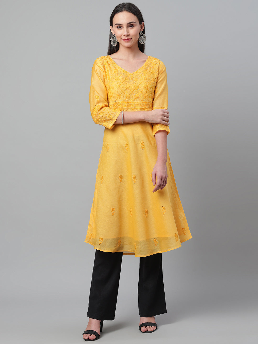 Yellow Chikankari Silk A-Line Kurta