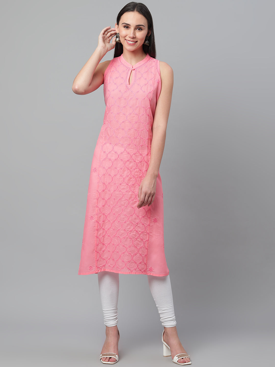 Pink Sleeveless Chikankari Collared Kurta