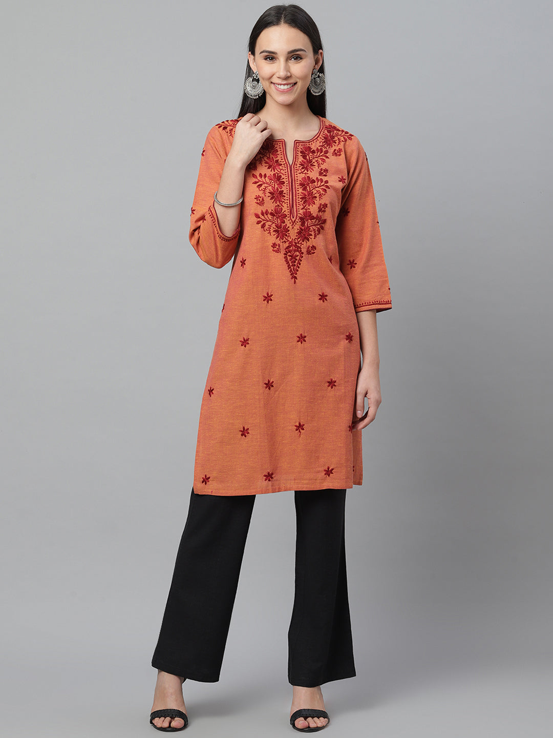 Rust Mangalgiri Embroidered Kurta