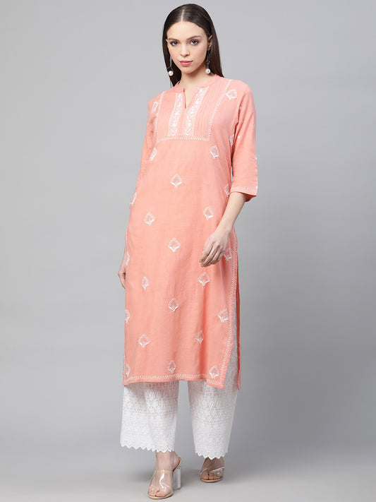 Peach Chikankari Straight Kurta