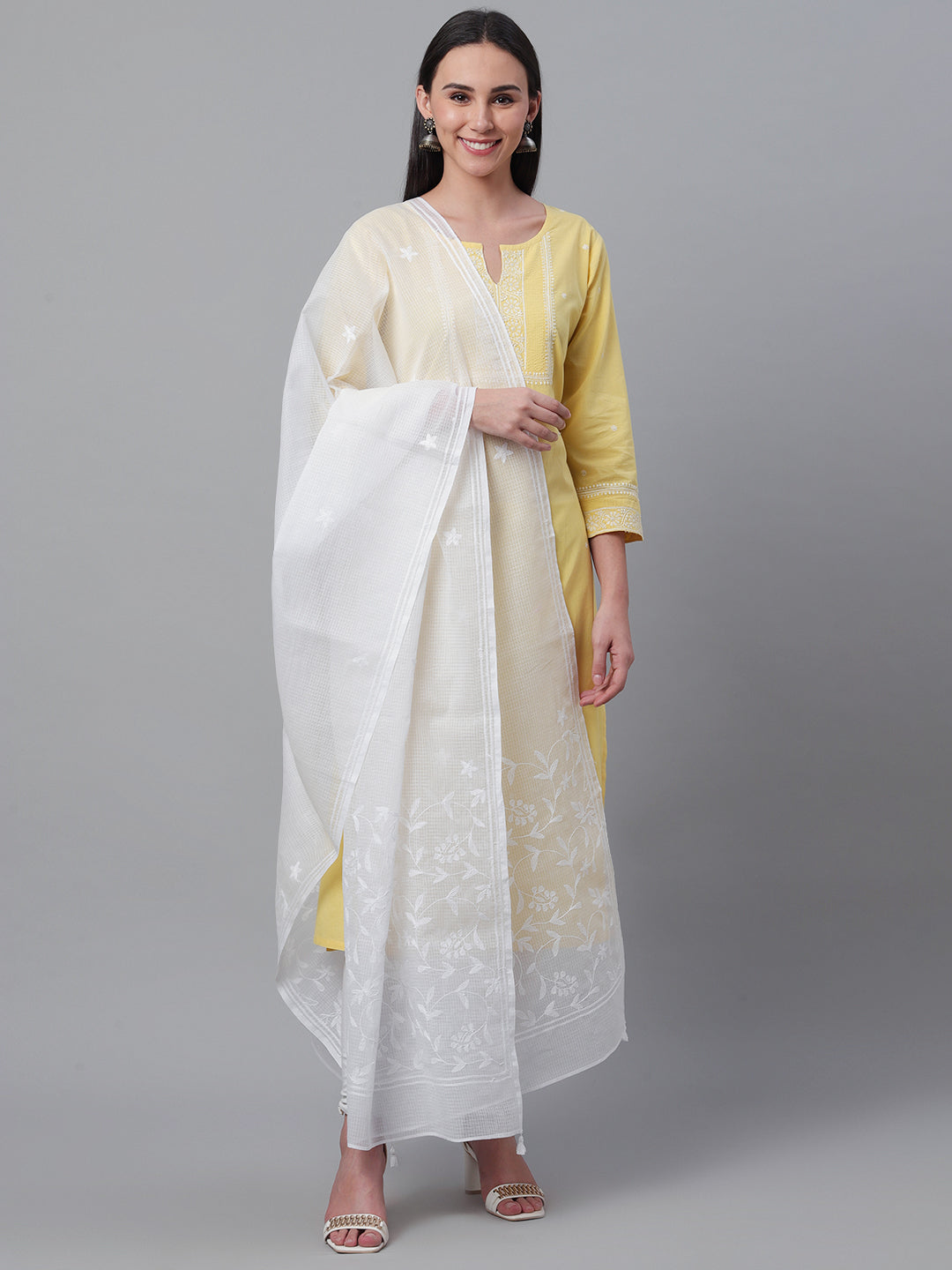 White Kota Chikankari Dupatta with Tepchi Work