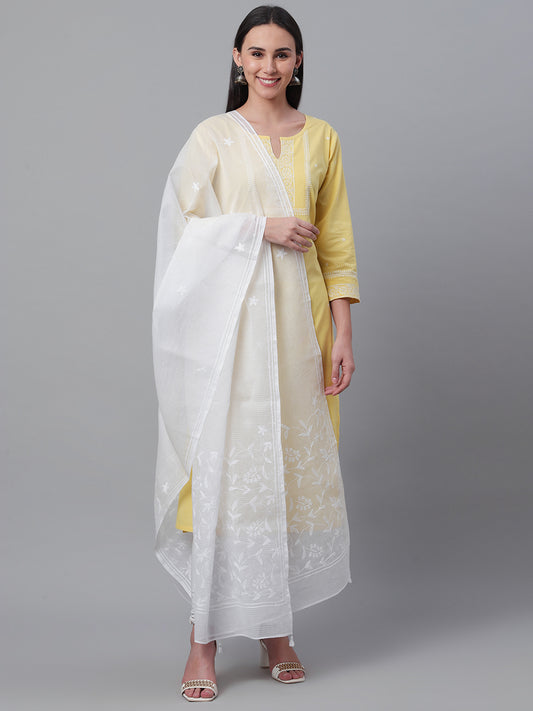 White Kota Chikankari Dupatta with Tepchi Work