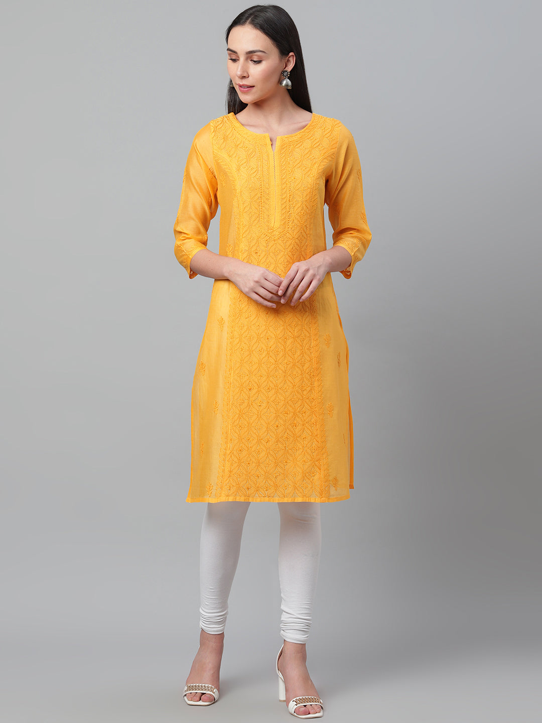Yellow Chikankari Chanderi Kurta