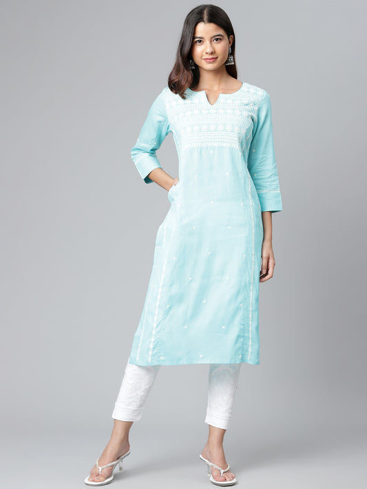 Sky Blue Self-Striped Chikankari Kurta