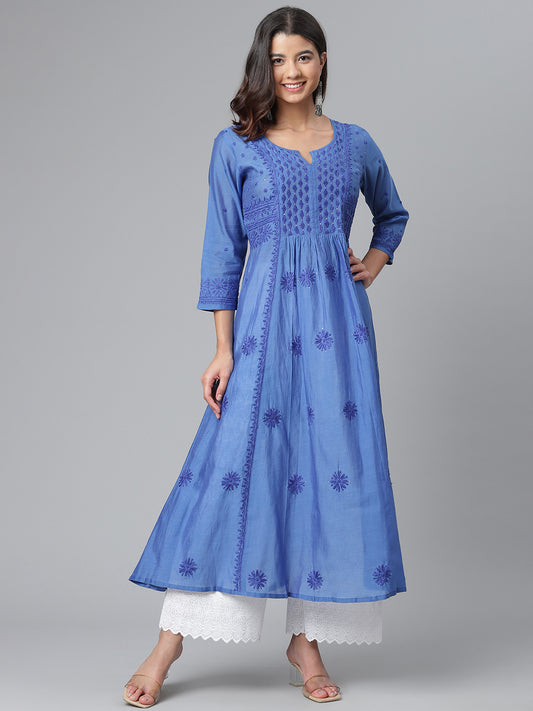 Royal Blue Chikankari Flared Kurta with Slip