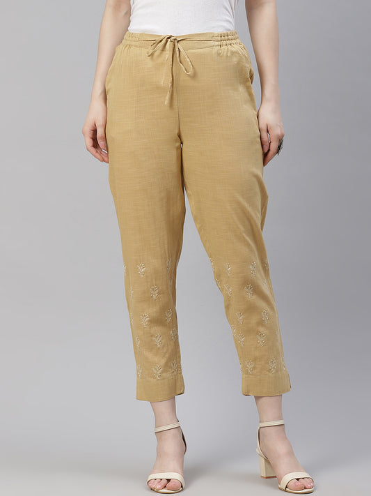 Beige Chikankari Cotton Slub Pants