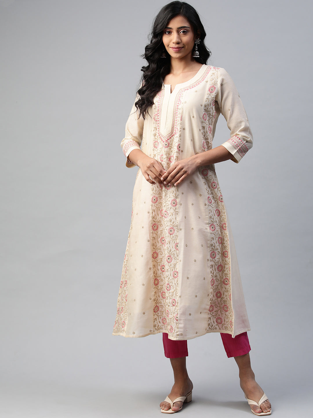 Beige and Pink Chikankari Chanderi Festive Kurta