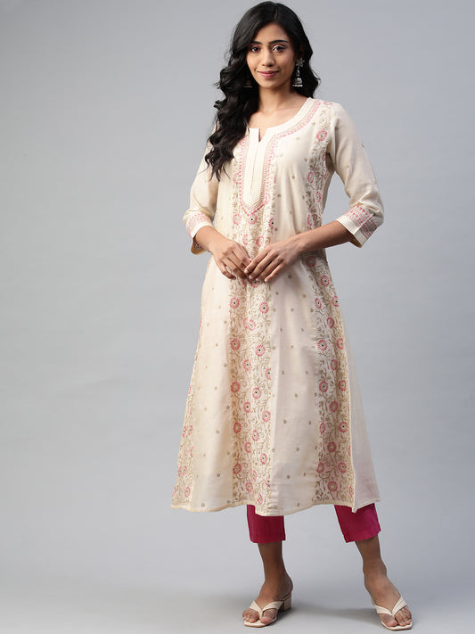 Beige and Pink Chikankari Chanderi Festive Kurta