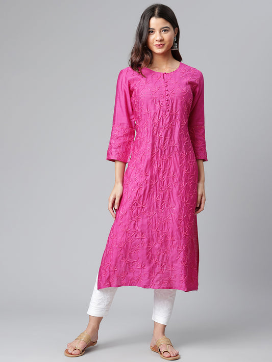 Pure Silk Magenta Chikankari Kurta