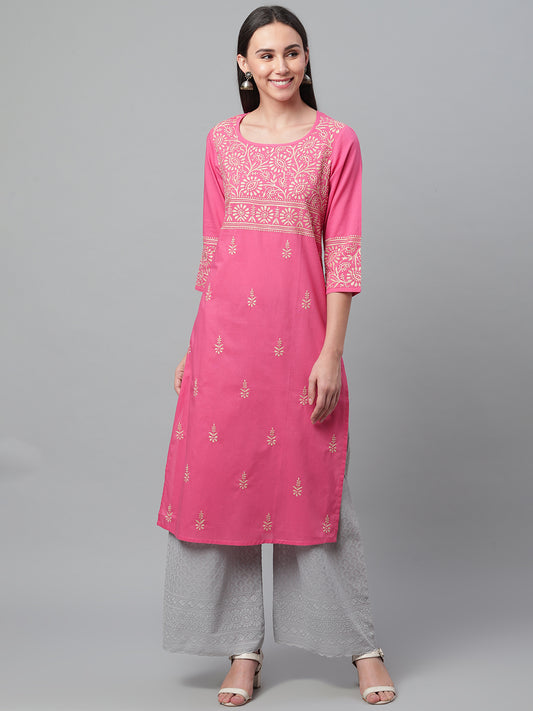 Pink Cotton Kurta Pot Neck Embroidered Kurta