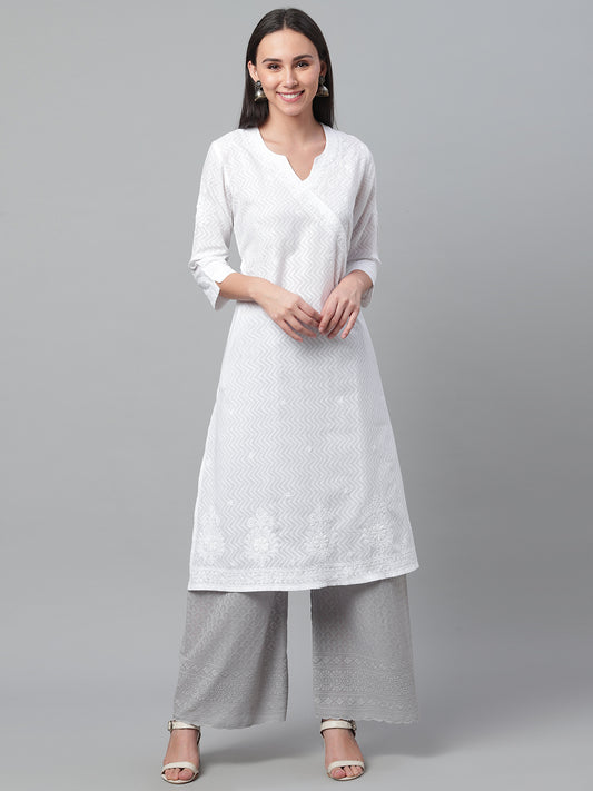 White Embroidered Dobby Angarkha Style Kurta