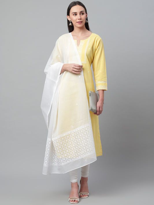 White Kota Chikankari Dupatta with Shadow Work