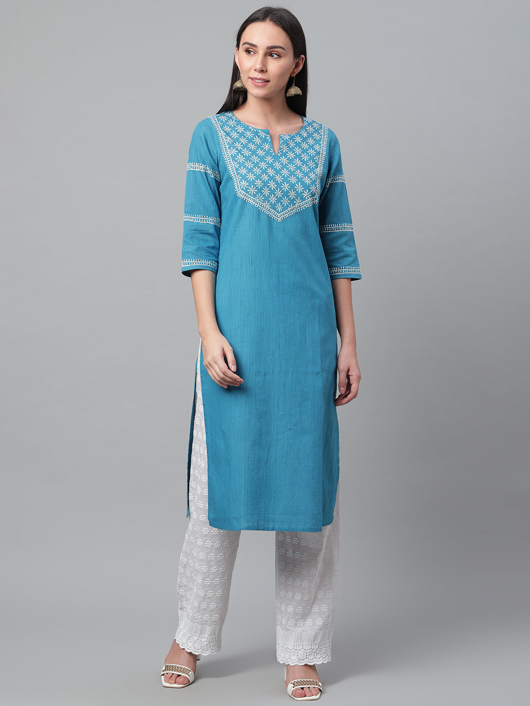 Blue Ikat Straight Chikankari Kurta