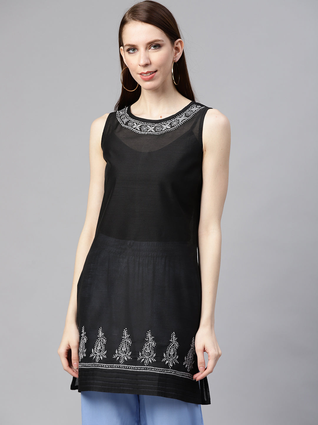 Black & Grey Embroidered Sheer Short Kurta