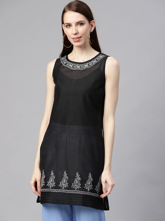 Black & Grey Embroidered Sheer Short Kurta
