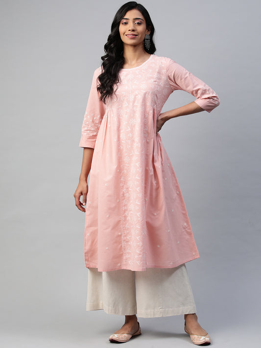 Peach Long Kurta with Tepchi Hand-Embroidery