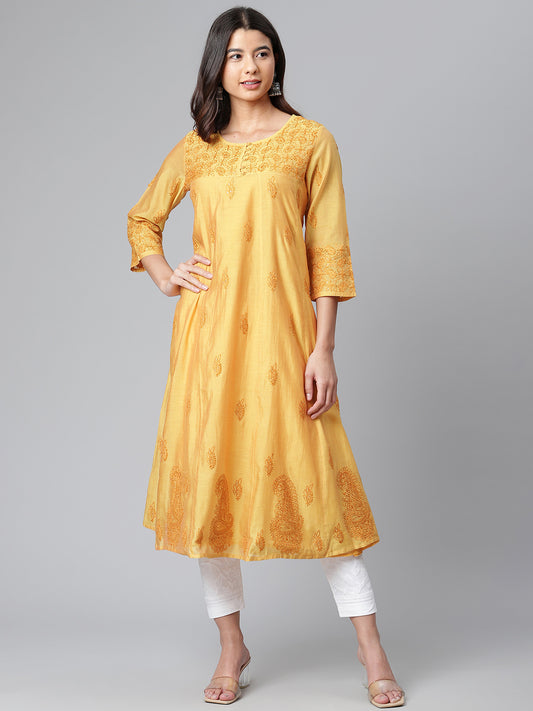 Mustard Chanderi Embroidered Kurta