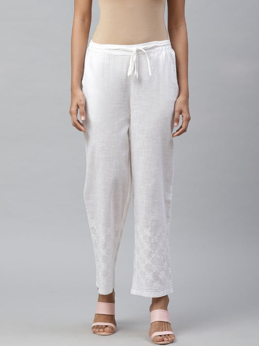 White Cotton Tapered Chikankari Pants with Mukaish Work