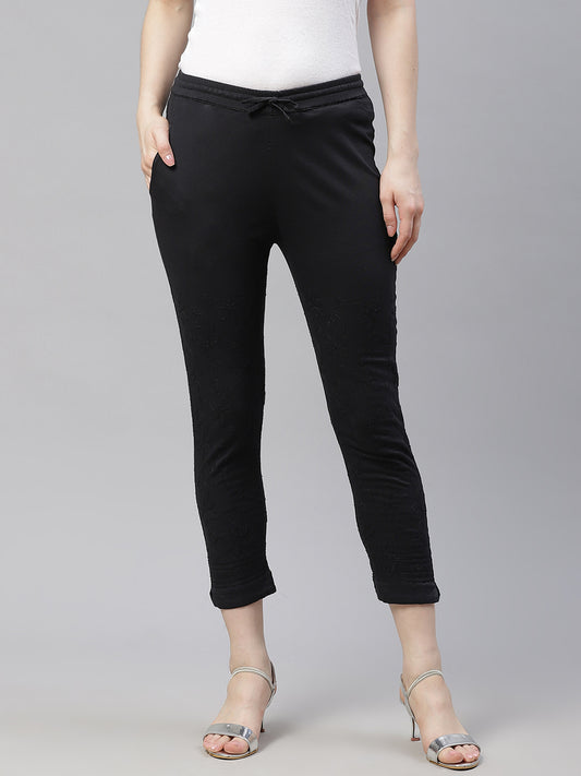 Black Hand-Embroidered Stretchable Pants