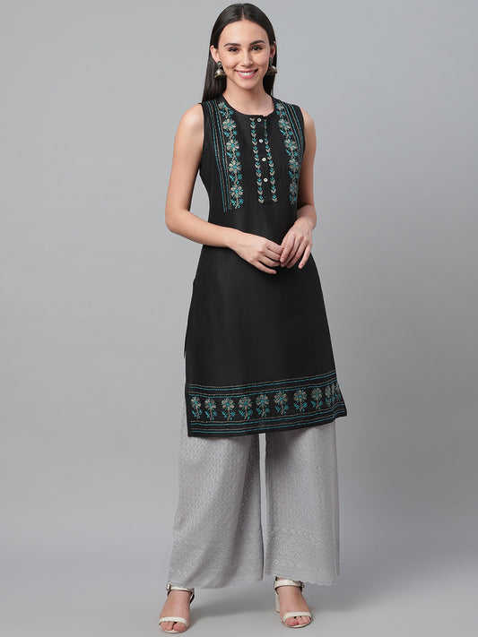 Black & Charcoal Grey Silk Chikankari Straight Kurta