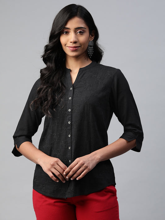 Black Cotton Slub All-over Embroidered Shirt