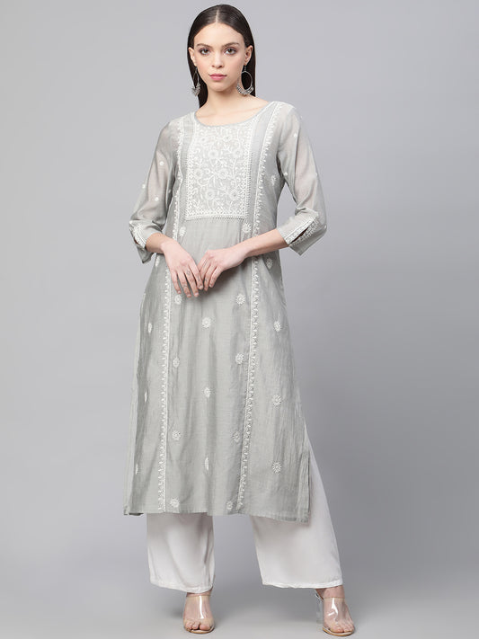 CHKA243GY  Grey Chanderi Silk Chikankari Kurta