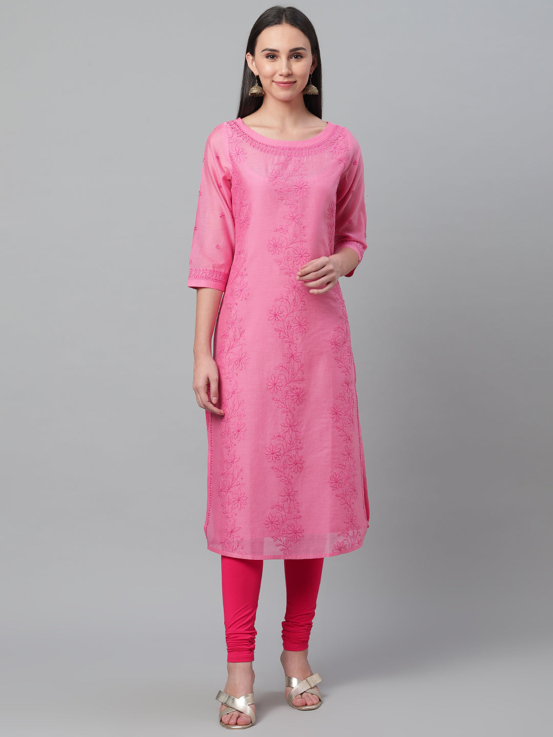 Pink Silk Chikankari Boat Neck Kurta