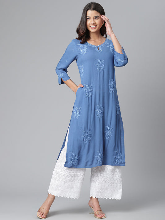 Rayon Blue Straight-Fit Chikankari Kurta