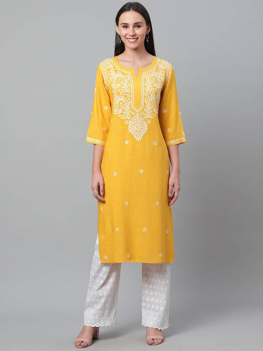 Yellow Rayon Chikankari Kurta