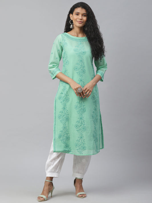 Green Chanderi Boat Neck Embroidered Kurta