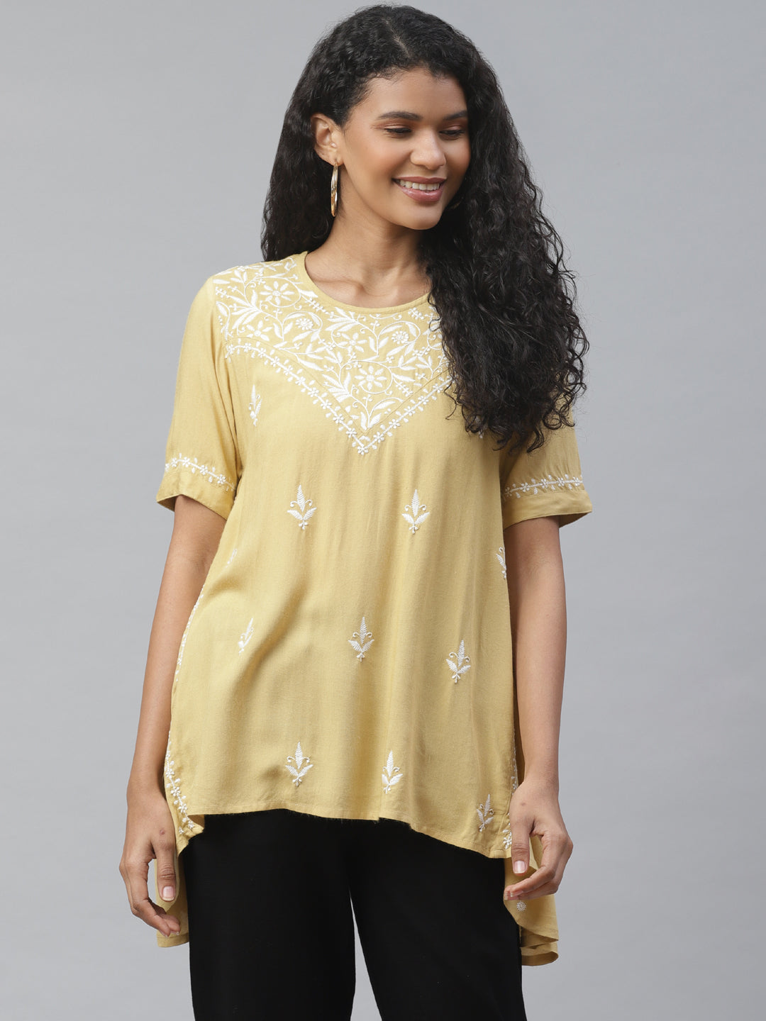 Beige Chikankari Embroidered High-Low Top