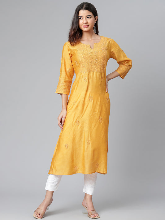 Mustard Pure Silk Chikankari Kurta