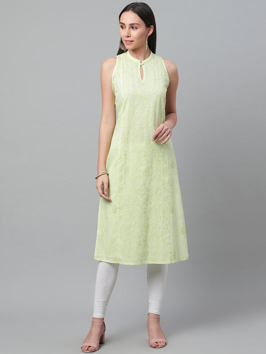 Green Cotton Embroidered Kurta with Mandarin Collar