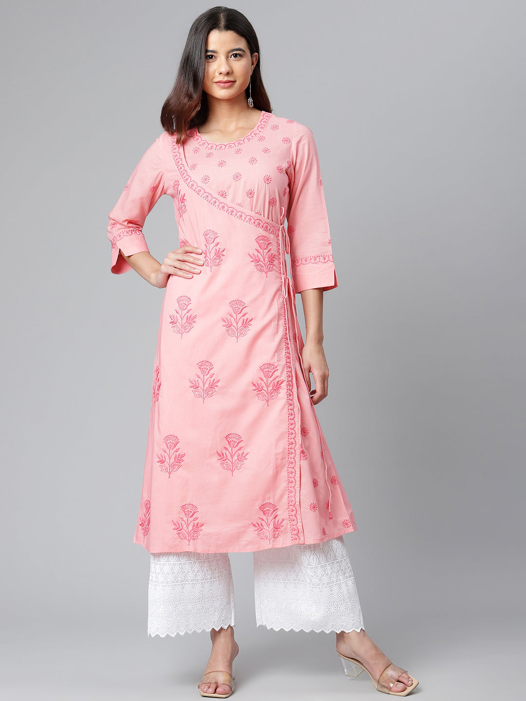 Pink Chikankari Angarkha with Tie-ups
