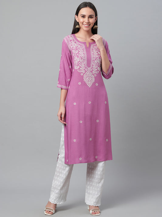 Purple Chikankari Rayon Straight Kurta