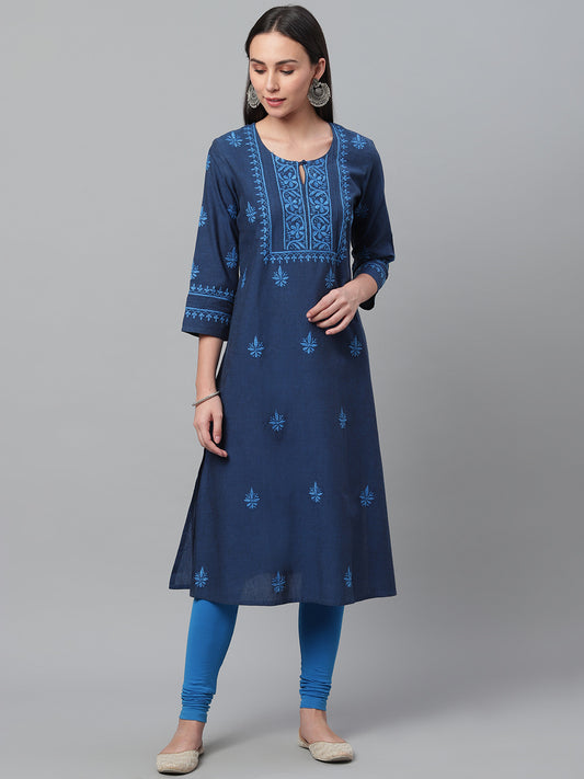 Mangalgiri Navy Blue Embroidered Kurta with Pocket