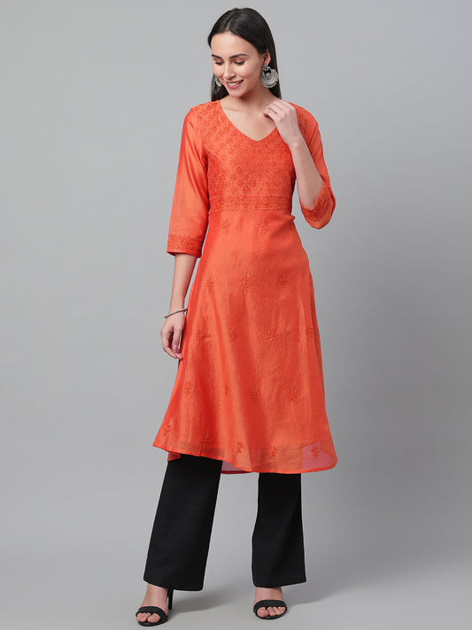 Orange Chanderi Embroidered A-Line Kurta With Tassels
