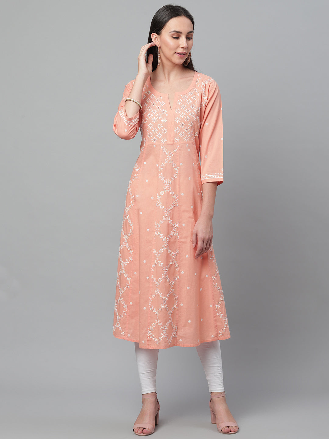 Peach Kalidaar Chikankari Kurta with Mukaish Work