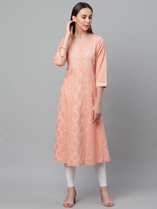 Peach Kalidaar Chikankari Kurta with Mukaish Work