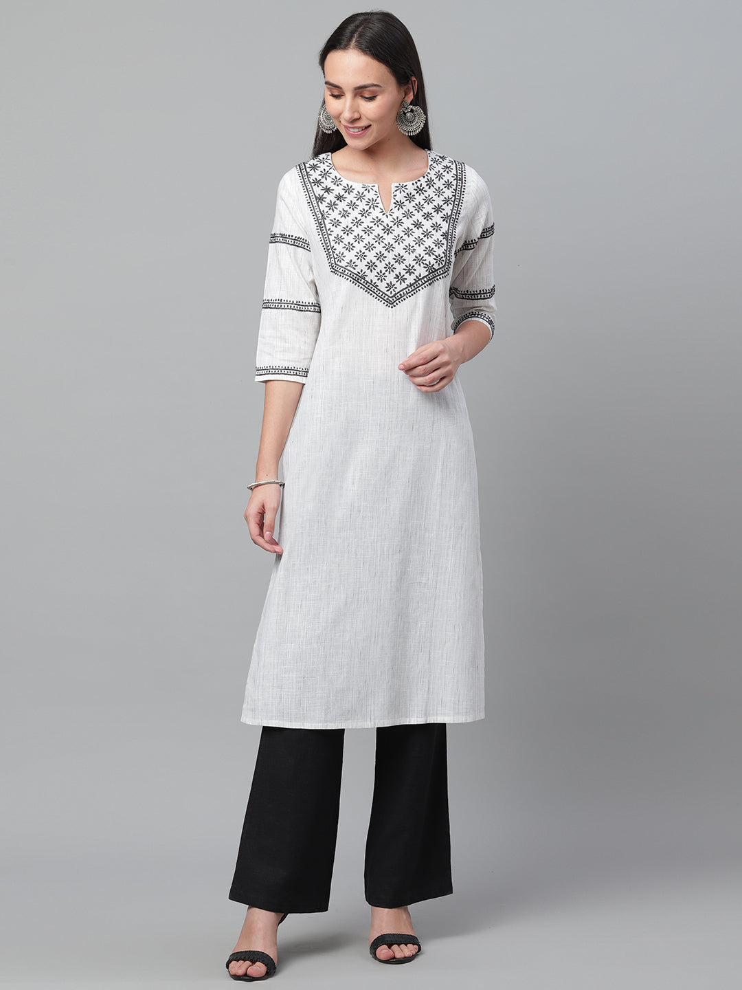 White Ikat Chikankari Straight Kurta